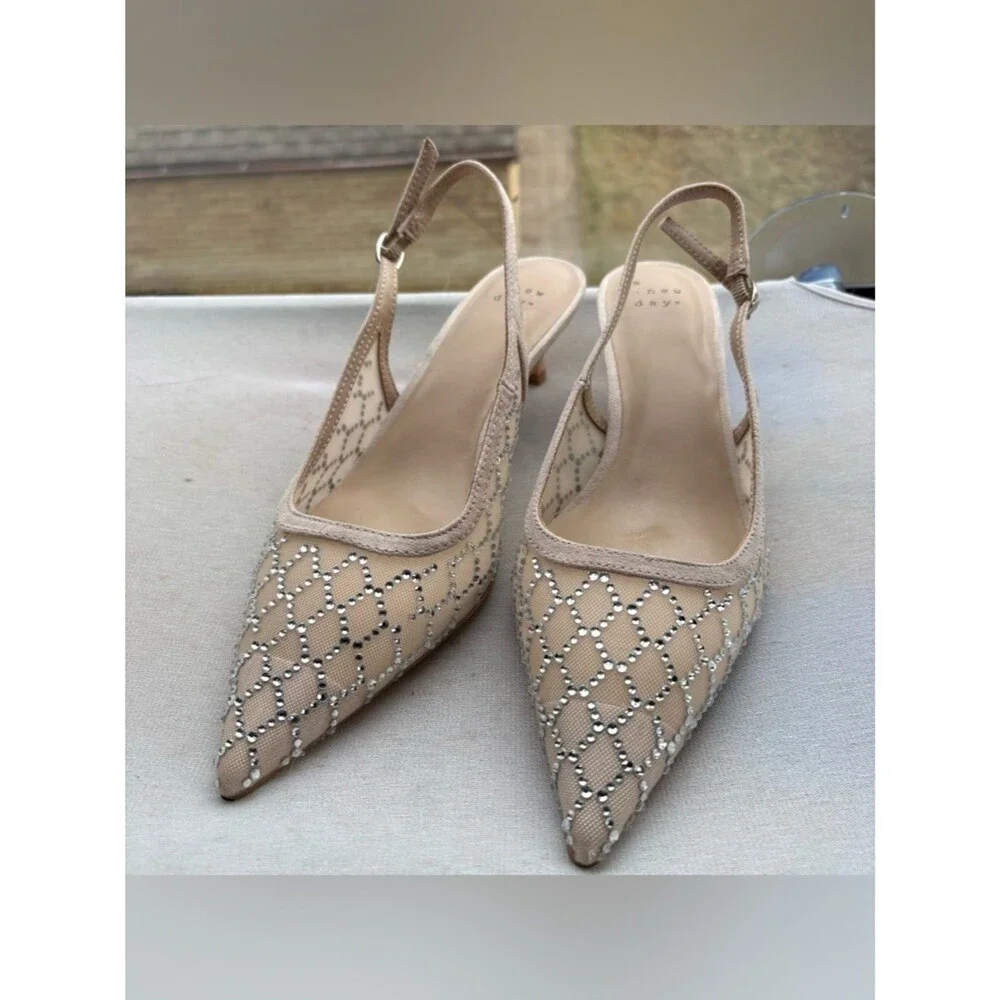 a new day Nude Mesh Slingback Kitten Heels with Rhinestone Lattice